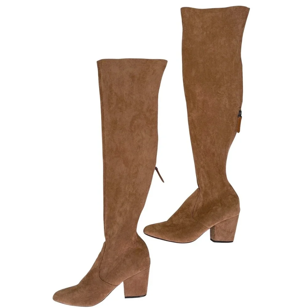 Tan Vegan Suede Over The Knee Boots EU 42‎ US 11 Block Heel Thigh High Boho Chic